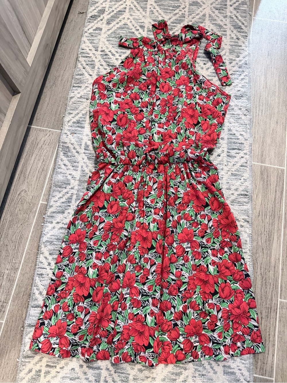 Red Floral Tie-Neck Halter Dress